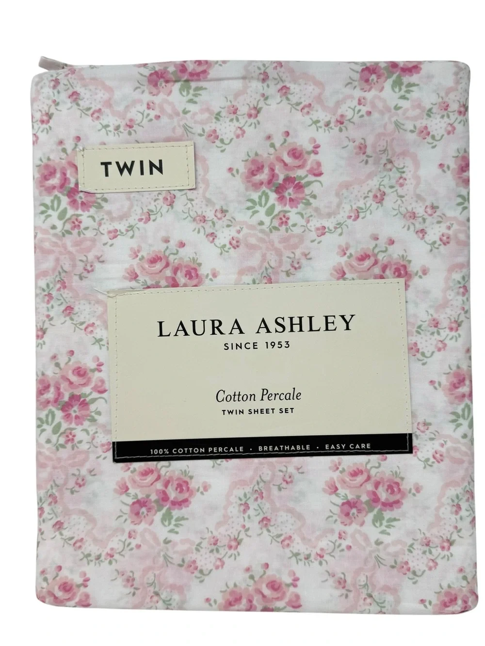 Laura Ashley Floral Ribbon and Bows Cotton Percale Sheet Twin Set NWT - Picture 1 of 6